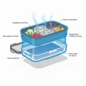 Cross-section diagram of a thermal insulated bento box with ice pack compartment for long-lasting freshness.