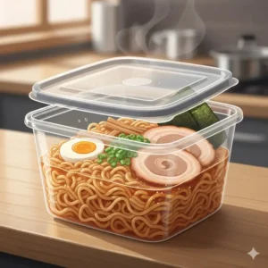 A leak-proof quart to go container filled with hot noodles and broth to demonstrate the secure seal.