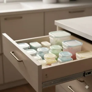 A kitchen drawer neatly organized with various shapes and colors of miniature tupperware containers.