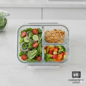 Top-down view illustration of a multi-compartment glass bento box set for portion control.
