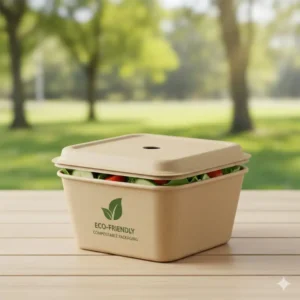 : An eco-friendly and compostable quart to go container placed in an outdoor natural setting.