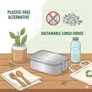 A zero-waste lifestyle illustration featuring a sustainable aluminum bento box as a plastic-free alternative for daily lunches.