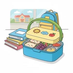 A colorful illustration of a kid-friendly bento box with handle designed for school lunches.