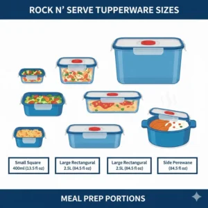 A detailed size and capacity guide for different models of rock n serve tupperware containers.