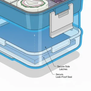 Close-up of the secure locking clips on a portable bento box with ice pack compartment.