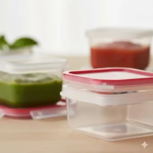 A close-up shot showing the airtight and leakproof lids of clear miniature tupperware containers.