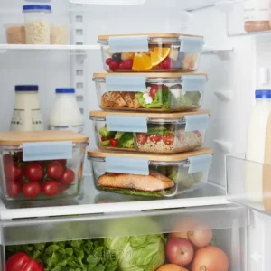 Multiple glass bento box lunch box units stacked neatly in a refrigerator for weekly meal prep.