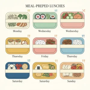 A line-art illustration showing a week of healthy meal prep using cute bento boxes for adults.