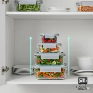 Illustration of a stackable glass bento box set organized neatly in a kitchen cabinet.