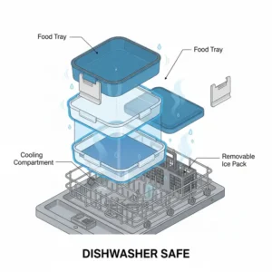 Illustration of the easy-to-clean components of a bento box with ice pack compartment.