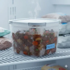 A freezer-safe quart to go container with a date label showing food storage in cold temperatures.