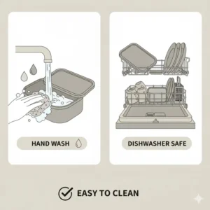 Simple graphic showing that the aluminum bento box is easy to clean and dishwasher safe.
