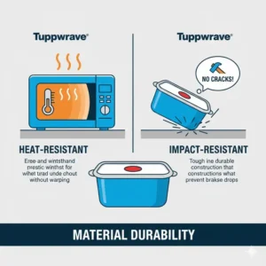 Graphic explaining the heat-resistant and impact-resistant material of rock n serve tupperware.