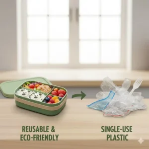 An eco-friendly illustration highlighting the reusable benefits of using a bpa free bento.