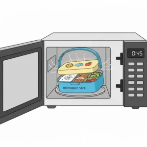 Illustration showing a bento box with handle being safely used inside a microwave for reheating.