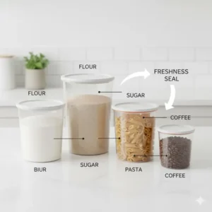 Fresh ingredients like flour and sugar stored safely inside a tupperware orange canister set.