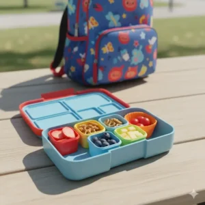A child's bento lunch box with several small miniature tupperware containers holding healthy snacks.