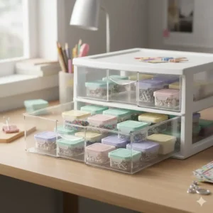 Clear miniature tupperware containers used to organize small craft beads and office supplies on a desk.