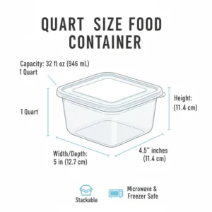 An informative graphic showing the height and width dimensions of a standard quart to go container.