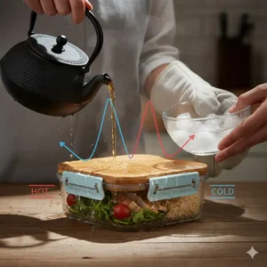 Thick borosilicate glass bento box lunch box illustrating its thermal shock resistance and durability.