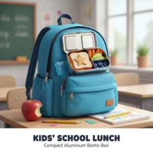 A colorful illustration of a child’s school bag with a compact aluminum bento box containing snacks and a sandwich.