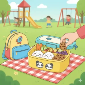 A fun and colorful illustration of a bpa free bento specifically designed for kids' school lunches.