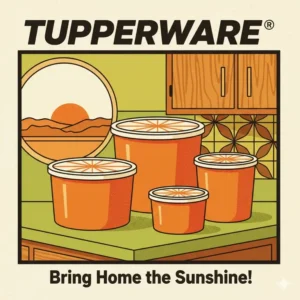 1970s retro style artwork featuring the iconic tupperware orange canister set.