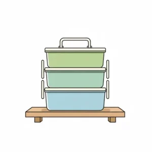 Illustration of two stackable units showing how to store a bento box with handle to save kitchen space.