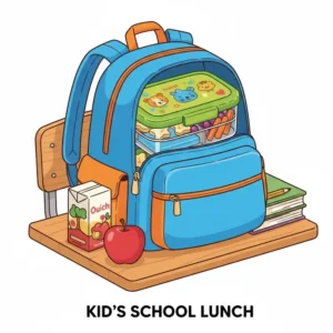 A colorful kids-style bento box with ice pack compartment placed inside a school backpack.