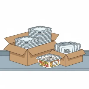 Large stacks of quart to go container products in bulk packaging for restaurant and catering supplies.