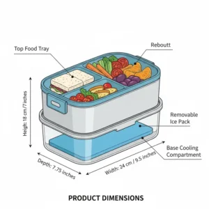 Technical drawing showing the exact measurements and size of this bento box with ice pack compartment.
