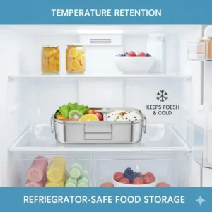 Illustration of an aluminum bento box stored in a refrigerator, highlighting its ability to keep food fresh and cold.