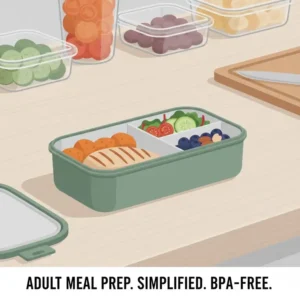 A minimalist and professional illustration of a bpa free bento used for adult daily meal prep.