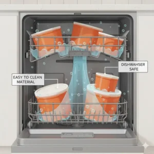 Showing how easy it is to maintain a dishwasher-safe tupperware orange canister set.