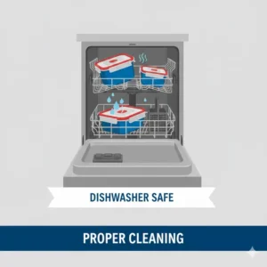 Illustration of rock n serve tupperware being cleaned safely on the top rack of a dishwasher.