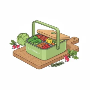 An eco-friendly bento box with handle made from sustainable materials displayed with fresh healthy vegetables.
