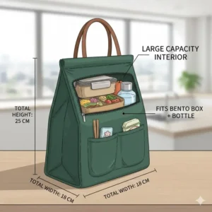 An illustration showing the size dimensions and large capacity of an asian lunch bag holding a meal and a water bottle.