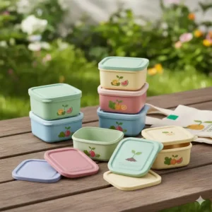 A stack of eco-friendly and reusable miniature tupperware containers in pastel colors outdoors.