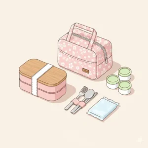 A complete set of matching utensils and insulated bags for cute bento boxes for adults.