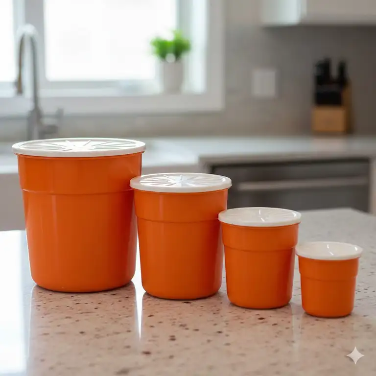 A complete set of vintage tupperware orange canisters displayed on a clean kitchen counter.