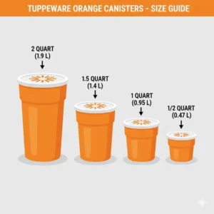 A detailed size comparison chart for different capacities of tupperware orange canisters.
