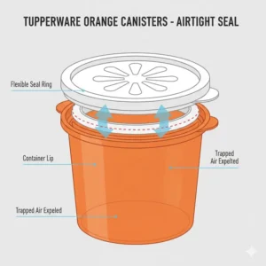 Illustration showing the airtight sunburst lid seal mechanism of tupperware orange canisters.