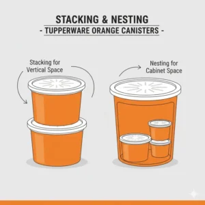 Diagram showing how to save space by stacking and nesting tupperware orange canisters.