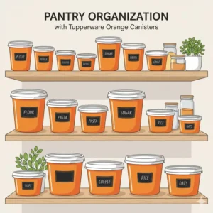 A kitchen pantry neatly organized with various sizes of tupperware orange canisters.