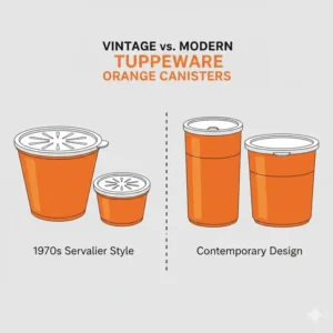 Side by side comparison of vintage servalier and modern tupperware orange canisters.