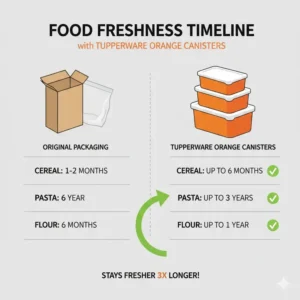 Infographic showing food freshness duration when stored in tupperware orange canisters.