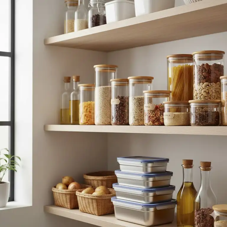 A collection of various eco friendly storage containers made of glass and bamboo in a bright kitchen.