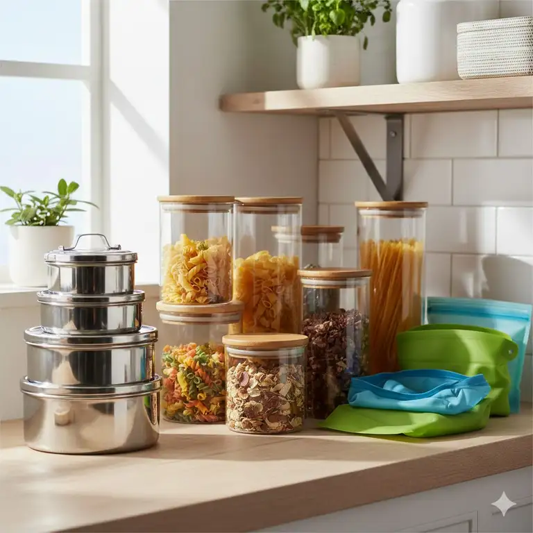 A variety of environmentally friendly storage containers including glass jars and bamboo lids arranged on a modern kitchen shelf.