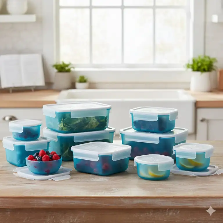 A complete set of tupperware heritage blue food storage containers with classic sunburst lids arranged on a kitchen counter.