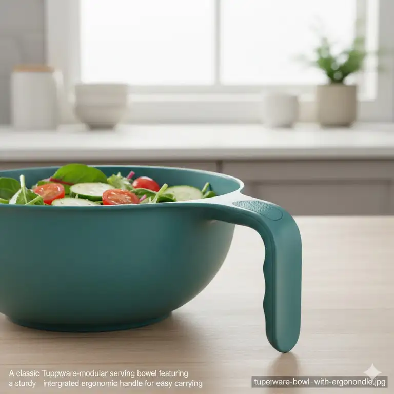 A professional featured image showing a classic modular bowl with a sturdy integrated tupperware handle for easy carrying.